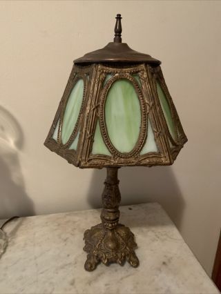 Vintage Gothic Art Deco Lamp With Green Slag Glass Shade 6 Panels Lead Frame