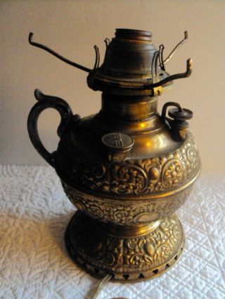 B&h Bradley & Hubbard Brass Kerosene / Oil Lamp Ornate Embossed Converted