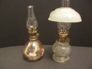 Vintage Set Of 2 Clear Glass Mini Kerosene Oil Lamps In