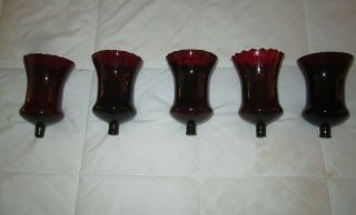 Set Of 5=vtg Red Glass Peg Candle Votive Cup Homco Flared Honeycomb 5 1/4 " High