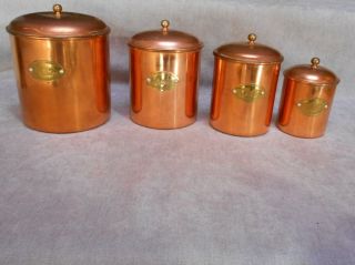 Set Of 4 Vintage French Copper Containers Canisters W/ Labels