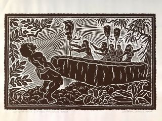 Dietrich Varez 2007 Hawaiian Woodblock Print " Kamehameha Lifting The Naha Stone "