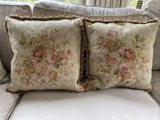 Vintage Floral Needlepoint Pillow Cover Tassels Velvet 22x22