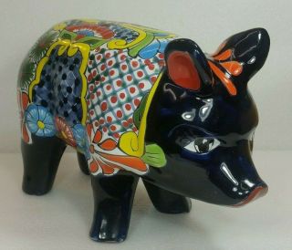 Mexican Folk Art Colorful Talavera Pottery Farm Animal Ceramic Pig Figure