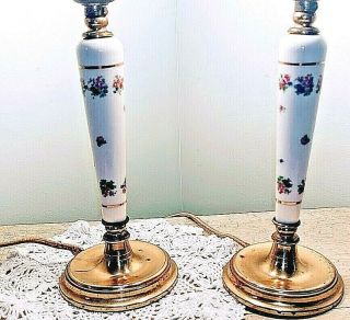 2 Vintage Mid Century Brass And Porcelain Shabby Chic Floral Print 11 " Lamps