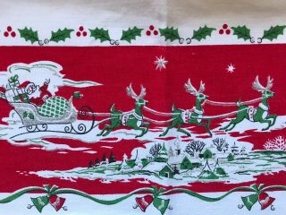 Vintage Christmas Tablecloth Village Flying Santa Reindeer Carolers Sleigh Rides