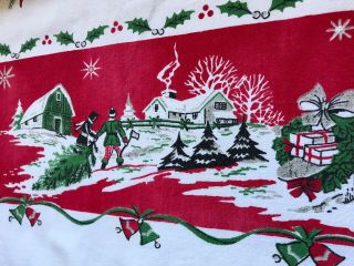 Vintage Christmas Tablecloth Village Flying Santa Reindeer Carolers Sleigh Rides 3