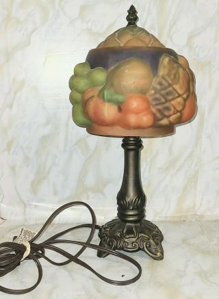 Vintage Table Lamp Reverse Painted Pairpoint Type Glass Fruit Design Lamp Shade
