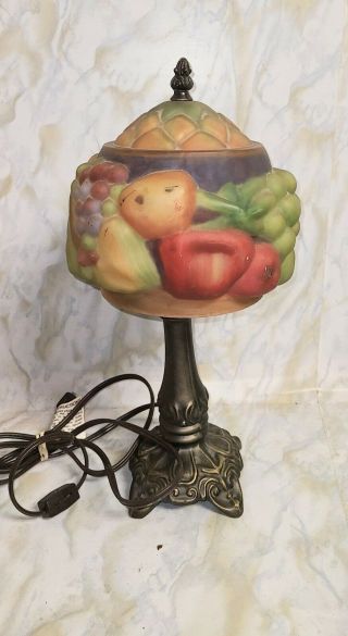 Vintage Table Lamp Reverse Painted Pairpoint Type Glass Fruit Design Lamp Shade 3