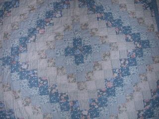 Vintage? Blue Cotton Diamond Pattern Handquilted Patchwork Quilt