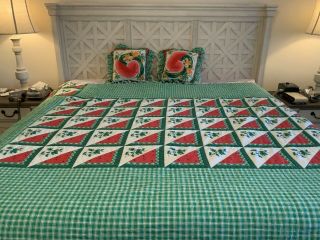 Vintage Handmade Watermelon Quilt Matching Pillows 76”x90” Full Size