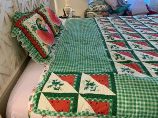 Vintage Handmade Watermelon Quilt Matching Pillows 76”x90” Full Size 3