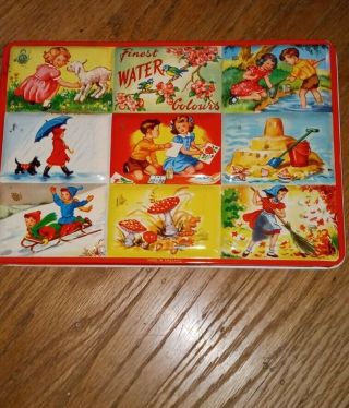 Vintage Finest Water Colours Tin Paint Box Children Seasons Made In England 50s