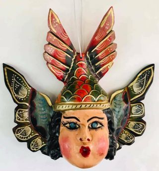 Mexican Folk Art Carved Wood Hanging Mermaid Face Angel Guerrero Nautical 14 "