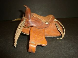Western Horse Miniature Leather Saddle For Dolls House 4 " Leather Tooled Vtg