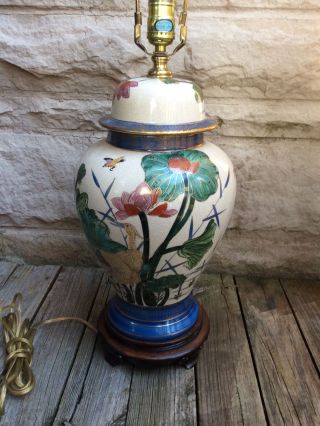 Oriental Asian Ceramic Lamp Ginger Jar Shape Cranes Lotus Leaves Crackle Glaze