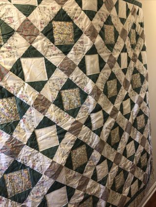 Vintage Handmade Green And White Floral Squares Quilt 84x84