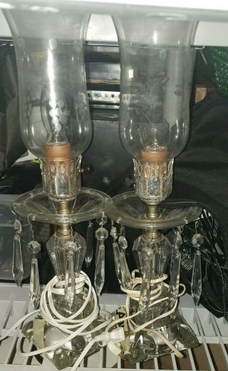 2 Vintage Boudoir Vanity Table / Buffet Electric Lamps Glass W/ Crystal Prisms