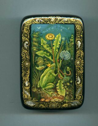 Russian Lacquer Box Palekh.  The Frog Princess And Dandelion.  Hand Painted