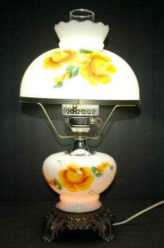 Vintage White Milk Glass With Globe Painted Yellow Roses Hurricane Lamp 18 - 1/2 "