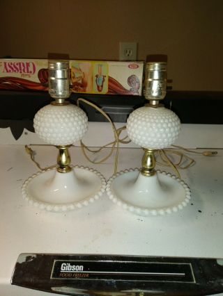 Set Of 2 Vintage Antique White Milk Glass Hobnail Brass Lamps 10 "