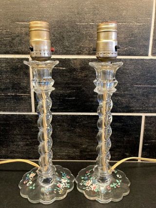 2 Vtg Swirl Painted Flower Scalloped Clear Glass Boudoir Vanity Table Lamp 11.  5 "