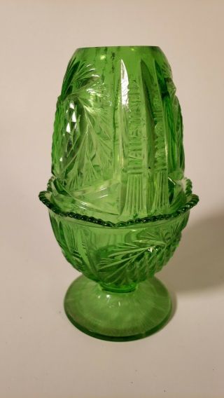 Vintage Fenton Heart Green Glass Fairy Lamp Light Two Piece 7¼ " Mid Century