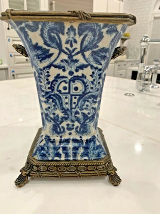Blue And White Floral Motif Porcelain Vase With Brass Accents