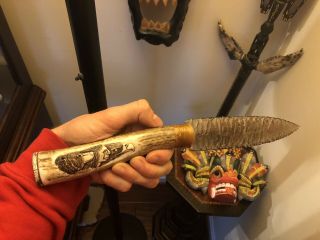 Buddy Deal Flint Knapped Knife Obsidian Carved Elk Bear Indian Eagle Handle Art
