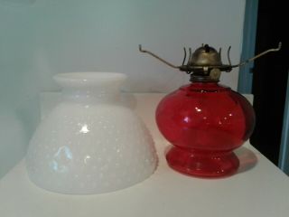 Vintage Ruby Red Base Oil Lamp With White Milk Glass Hobnail Shade Eagle