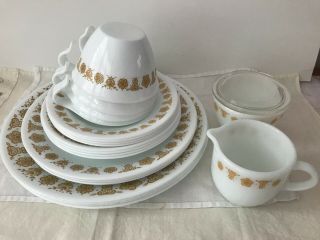Setting For 4 Vintage Corelle Gold Butterfly Set Of 20 Dishes & Sugar & Creamer