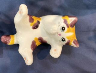 Maneki Neko Lucky Cat Kutani Porcelain Relaxing Cat Handpaint Purple Tabby Japan