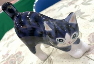 Maneki Neko Lucky Cat Kutani Porcelain Posing Cat Handpaint Purple Tabby Japan