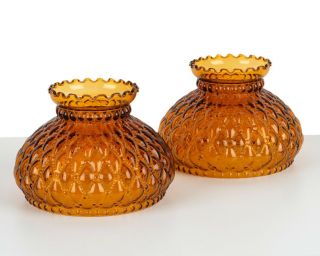 2 Amber Glass Ruffled Top Hurricane Lamp Globe Shade Hobnail Vintage Light Top