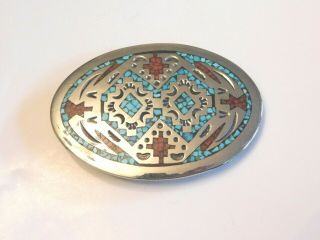 Native American Sterling Silver Turquoise Belt Buckle Coral Inlay Signed Sd