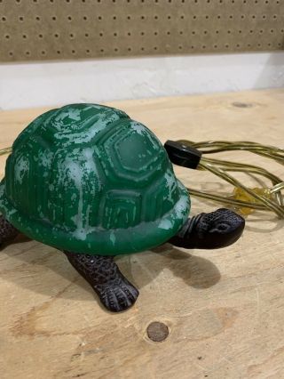 Vintage Turtle Table Night Lamp Green Glass Shell Amber Bronze Metal Body Base