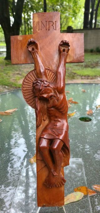 Vtg Mid - Century Jesus Cross Crucifix Hand Carved Wood Danish Modern 1960 
