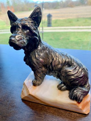 Vintage Cast Bronze Scottie Dog Figurine On Marble Base 6 " Tall Doorstop Bookend