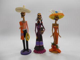 Set Of 3 Catrinas Day Of The Dead,  Mexican Hand Made Folk Art Clay Sculpture 10 "