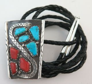 Zuni Wayne Cheama Sterling Silver Turquoise & Coral Snake Bolo Tie