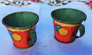 2 Old Lithograph Tin Toy Tea Cups Mother Goose Ohio Art