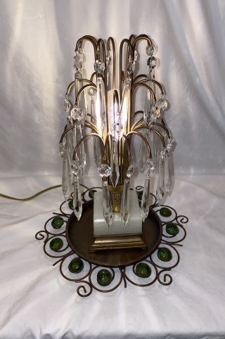Vtg Regency Deco 58 Crystals Waterfall Lamp,  Marble & Brass Cabochon Tray