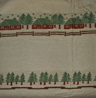 Vtg Bates Bedspread Twin/full Woven Cotton Embroidery Green Trees Red House Mcm