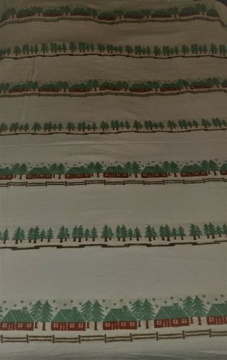 VTG Bates Bedspread Twin/Full Woven Cotton Embroidery Green Trees Red House MCM 2