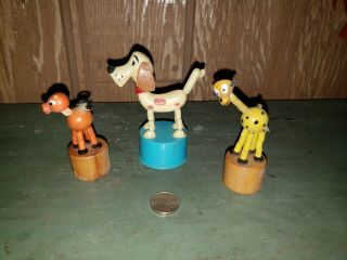 3vintage Wood Push Button Spring Finger Puppet Toy Giraffe Pony Dog Kohner Italy