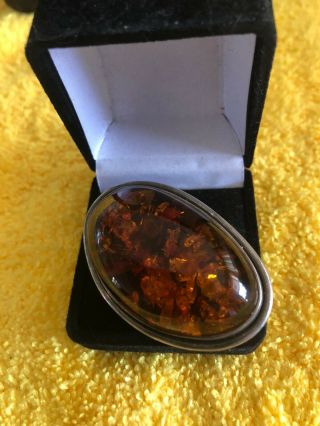 Vintage Polish Amber Pin Hand Crafted In Sterling Silver With Hall Marks