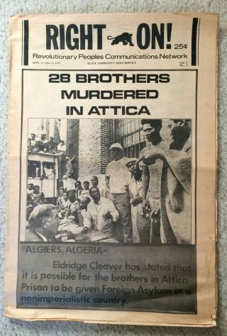 1971 Black Panther Party Newspaper Right On Vol.  1 No.  5 Attica Prison Riot Cover
