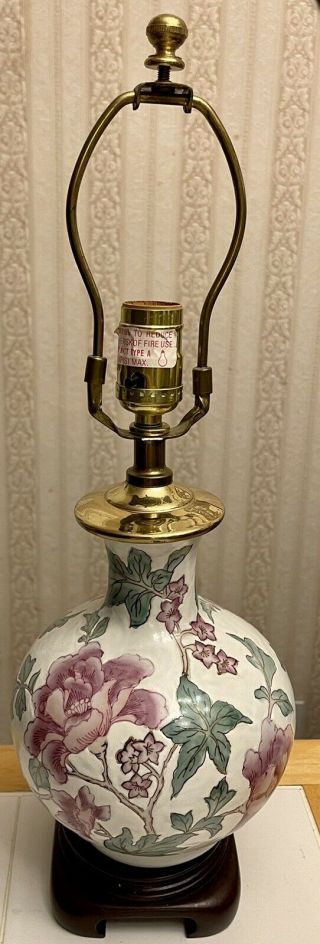 Vintage 19” Asian Cloisonne Porcelain Floral Ginger Jar Lamp Rose Leaves Jasmine