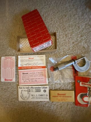 Vintage Starrett Micrometer T230rl 1 " Machinist Tool & Paperwork