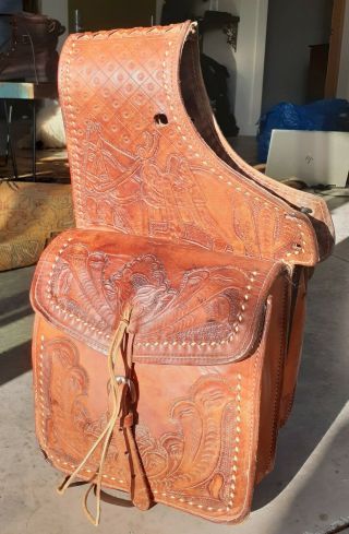 Vtg Hand Tooled Brown Leather Western Saddle Bags
